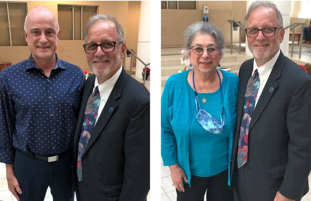Left: Research Excellence Faculty of the Year was awarded to Dr. Francois Sainfort. Runner Ups (not shown) are Drs. Kershen Huang and Florence Neymotin. Right: Sharon Greenberg with the Dean, with 20 years of service. (Not shown is Dr. Hyungkee Baek).